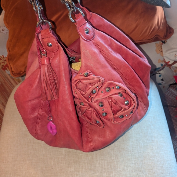 Rare Betsy Johnson Rose Studded Slouchy Hobo Bag In Pinkish Red, Silver Hardware - Picture 5 of 8